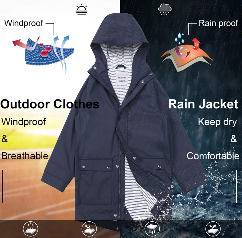 SOLOCOTE Kids Rain Jacket Hooded Lined Rubber RainCoats for Girls Boys Waterproof Windproof, 180806 Navy D 9-10Y - Image 4